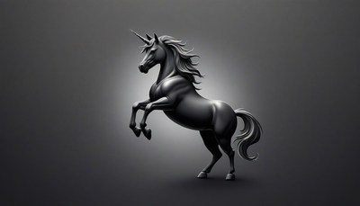 A black unicorn rears up on its hind legs