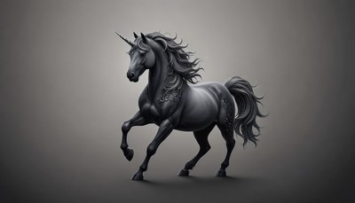 A black unicorn runs through a misty field