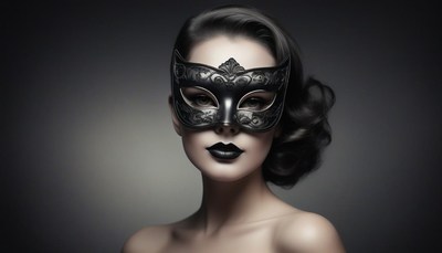 A woman in a masquerade mask looks intensely at the camera