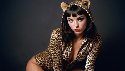 Woman in leopard print hooded shirt poses for photo