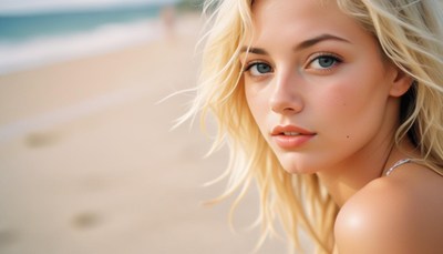 A young woman with long blonde hair is looking at the camera