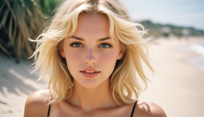 Blonde woman poses at the beach on a sunny day