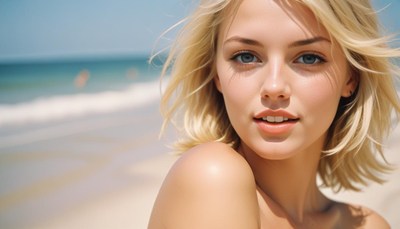 A woman with blonde hair smiles at the beach