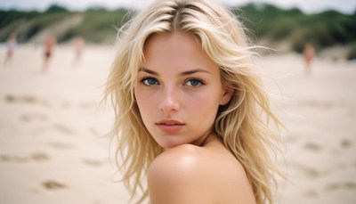 A blonde woman with green eyes is looking at the camera