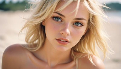 A woman with blonde hair looks at the camera on a beach