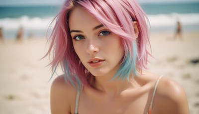A young woman with pink and blue hair stands on a beach