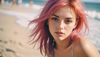 A woman with pink hair looks at the camera on a beach