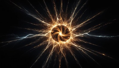 A golden sun with rays of light on a dark background