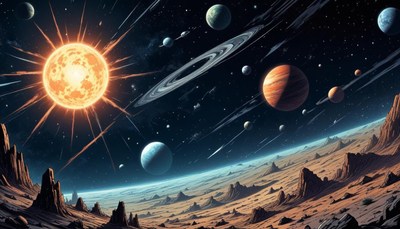 A bright star shines over a rocky planet