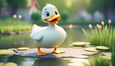 A white duck stands on a rock in a pond