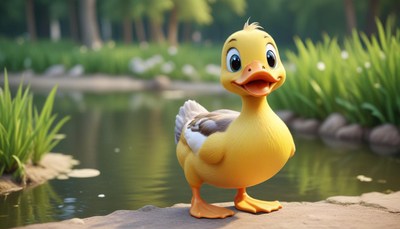 A yellow duckling stands by a pond in a park