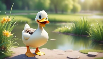 A happy duck stands by a pond on a sunny day