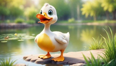 A cartoon duck stands on a rock by a pond