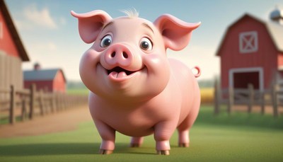 A happy pig stands in a grassy field near a red barn