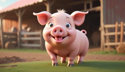 A happy pig stands in a grassy field near a barn