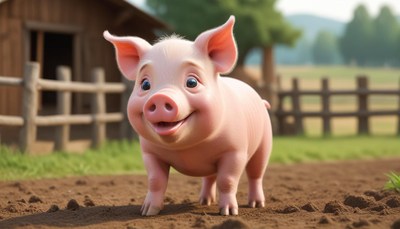 A happy pig stands on a farm