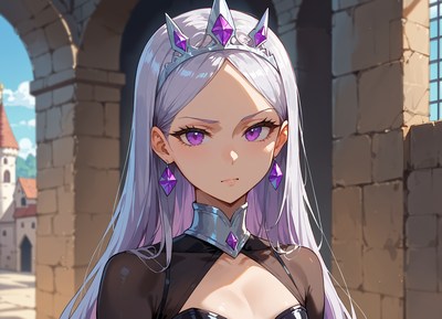 Young woman with silver hair in a stone archway