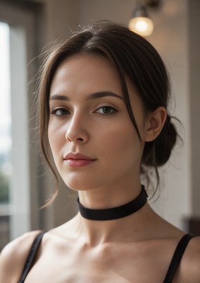 A dark-haired woman in a black choker faces the camera
