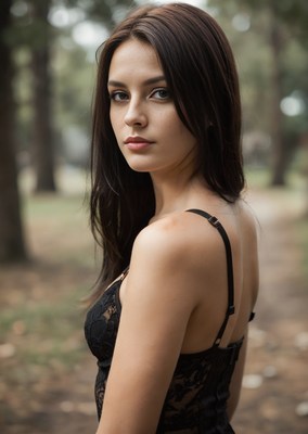 Woman in black lace top glances in the forest