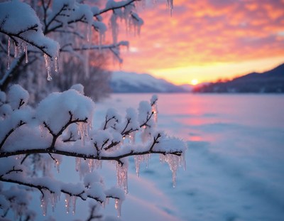 Snowy branch with icicles over frozen lake at sunset