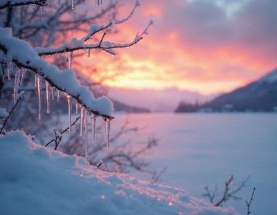 Icicles hang from a branch at sunset