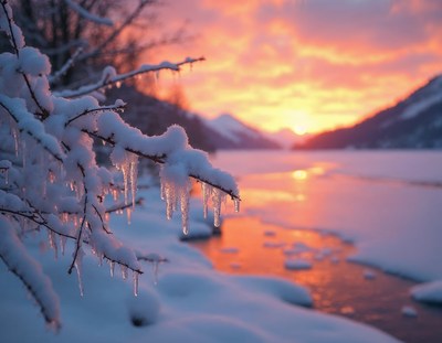Icicles hang from a branch near a frozen lake at sunset