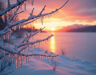 Icicles hang from a snowy branch at sunset