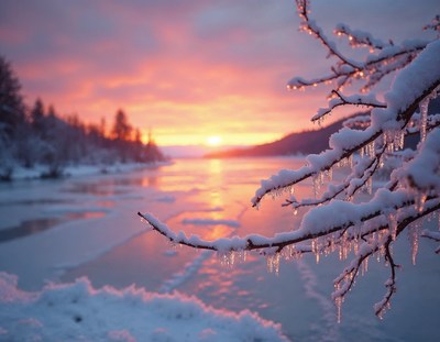 A snow-covered branch hangs over a frozen lake at sunset