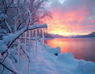 Icicles hang from a snowy branch at sunset