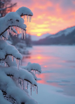 Icicles hang from a snowy branch at sunset