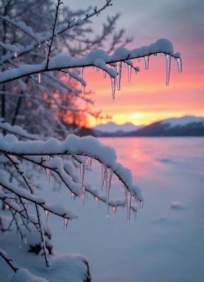 A snow-covered branch with icicles at sunset