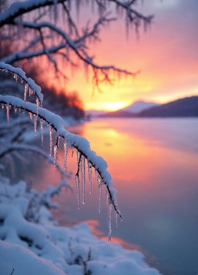 Icicles hang from a snow-covered branch at sunset