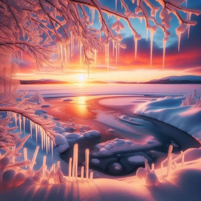 A frozen lake reflects a stunning sunset in winter