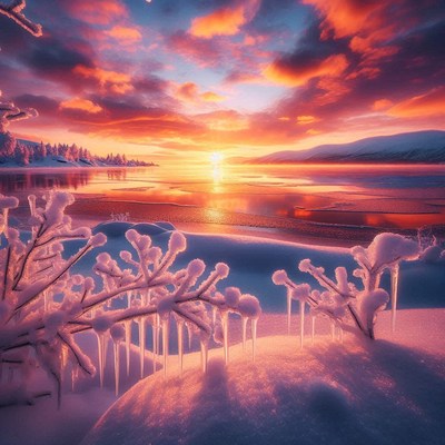 A snowy sunrise over a frozen lake