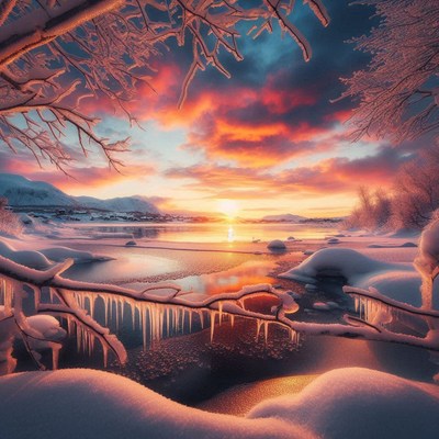 A snowy landscape with icicles at sunset
