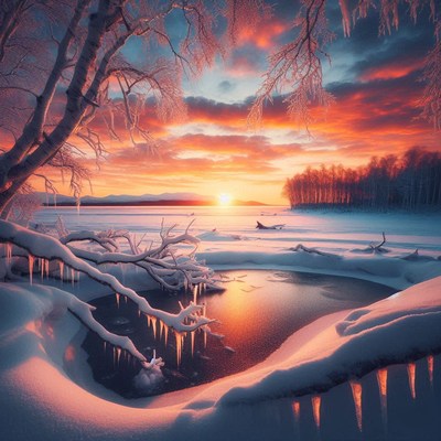 Sunset over a frozen lake with icy trees