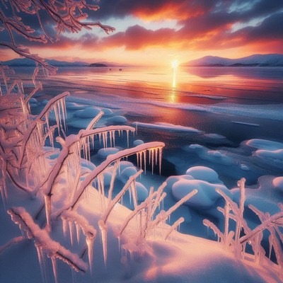 Frozen branches line a lake at sunset