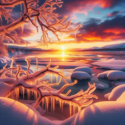 A snowy branch hangs over a frozen lake at sunset