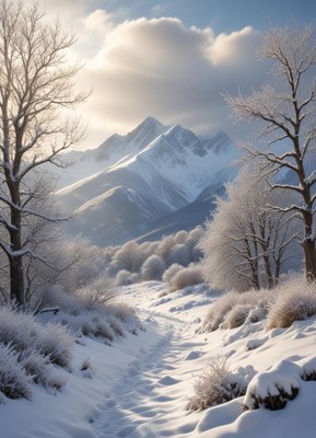 A snowy path winds through a winter landscape