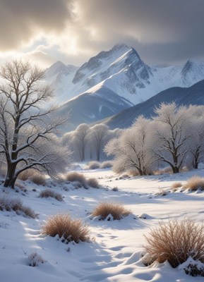 Snowy trees stand tall in a mountain valley