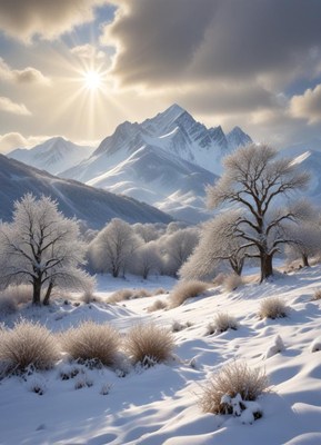 A snowy mountain range is illuminated by the sun