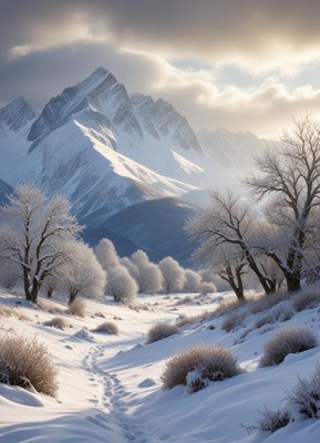 Snowy path winds through mountains on a bright day