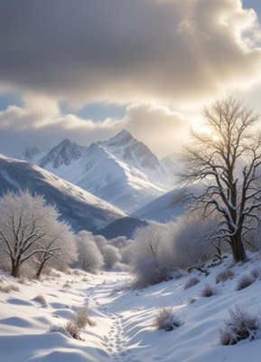 A snowy path winds through a valley and mountains