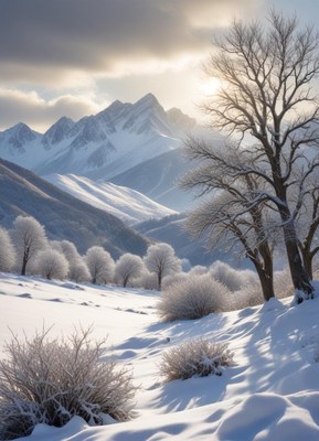 Snowy mountain with bare trees and snowy bushes