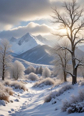 A snowy path winds through a winter valley