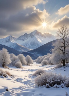 A snowy mountain scene with trees frosted by the morning sun