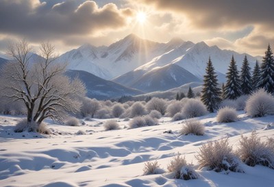 A snowy mountain range shines under a bright morning sun