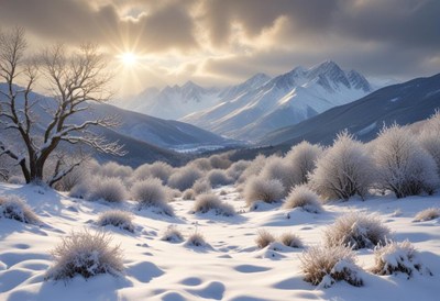 A snowy mountain range bathed in the golden light of sunrise