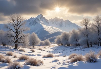 A snowy mountain landscape with trees covered in frost