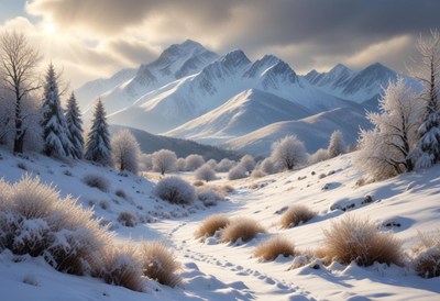 A snowy path leads through a wintery mountain valley